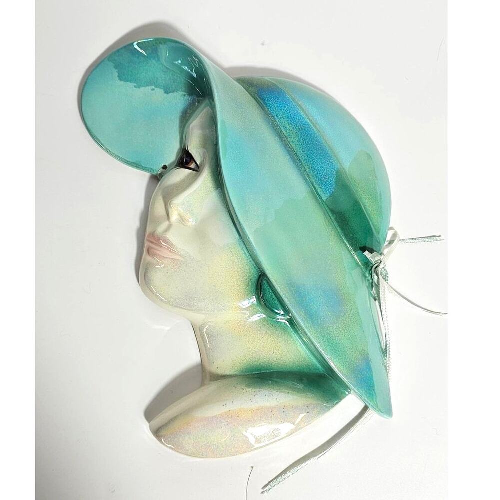 80s Vintage Ceramic Beautiful Woman with Teal New Wave Hat